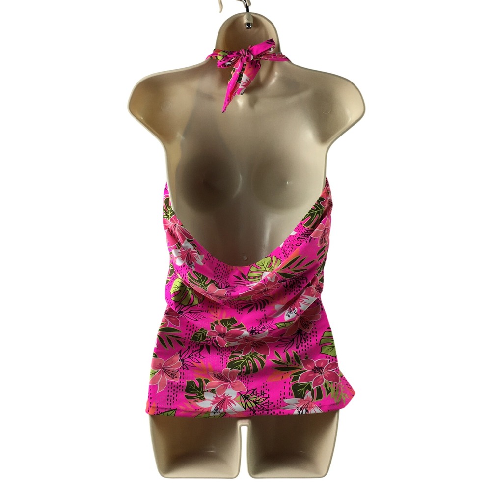 MeetCurve Pink Tropical Floral Halter Tankini Swim Top XL NWT Ruched Padded - Picture 2 of 10